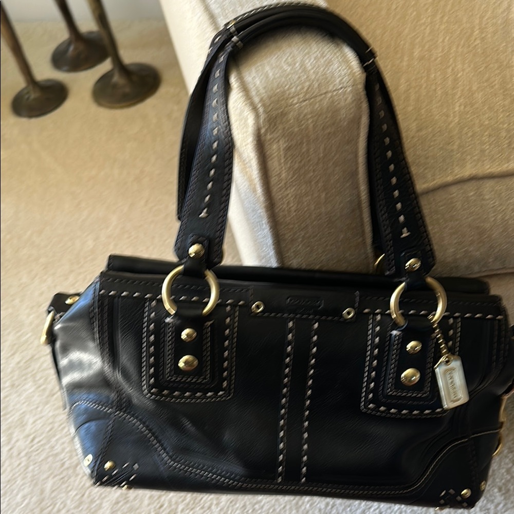 Coach Black Leather Satchel with Elegant Silver Accents